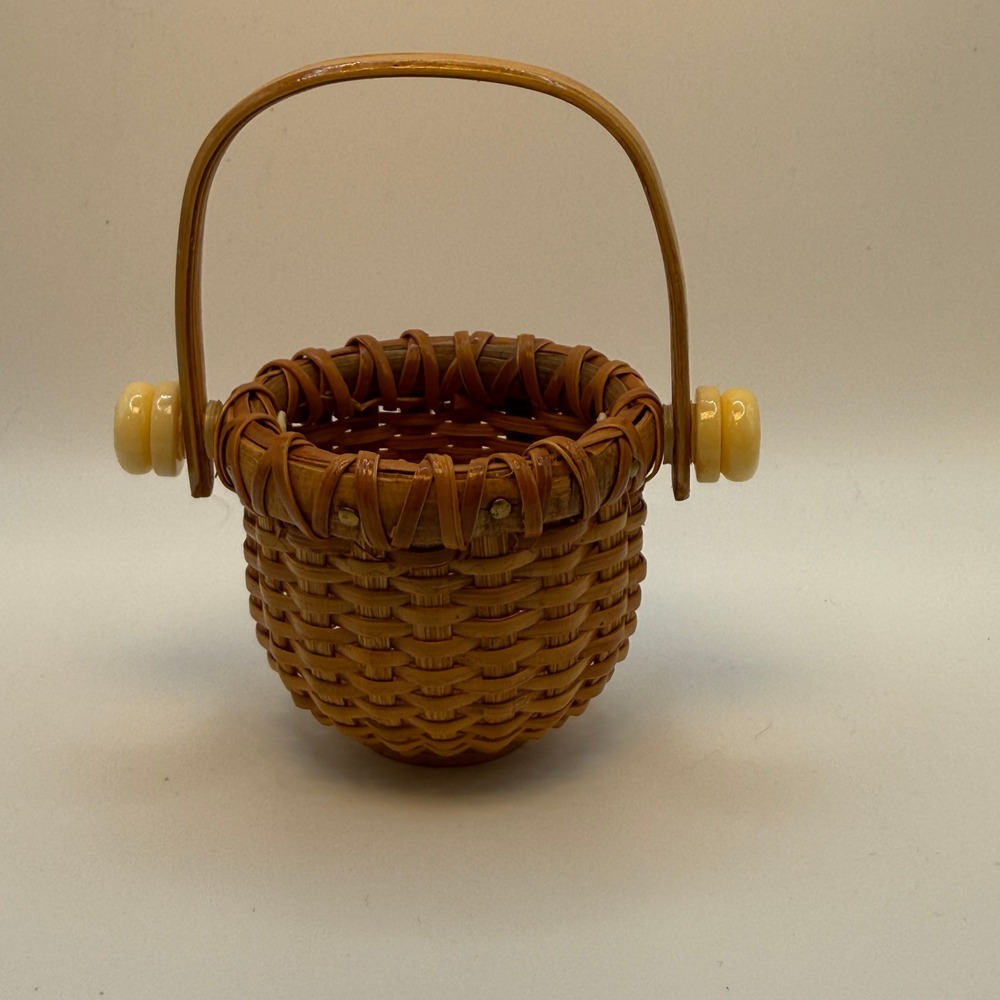 Handmade Nantucket Lightship Basket Miniature Brown Woven Swing Handle Decor